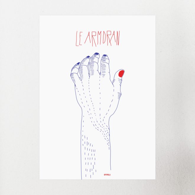 Handgezeichneter Font "le Armdran" und unterhalb ein angeschnittener Arm samt Hand. Lackierte Fingernägel. Line Art Farben: blau, rot. Hintergrund weiß.