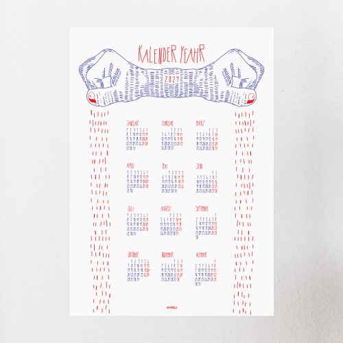 Jahreskalender für 2024 mit Monatsansicht und gestrichelten digital gezeichneten Fäusten aus denen striche regnen. Rot lackierte Fingernägel. Weißer Hintergrund.
