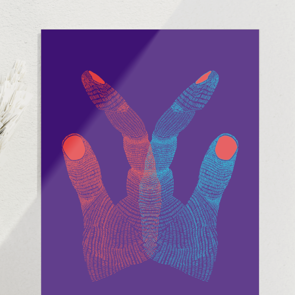 Symmetrischangeordnete Hände im line-art Stil. Hintergrund ist Lila, rechte hand ist cyan und linke hand orangerot.