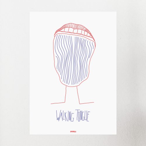 Ein weit aufgerissener Mund der uns die Zunge ausstreckt und zwei dünne Füße hat. Line Art gezeichnet auf weißem Hintergrund und die Bildunterschrift "Walking Tongue".