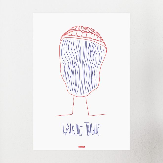 Ein weit aufgerissener Mund der uns die Zunge ausstreckt und zwei dünne Füße hat. Line Art gezeichnet auf weißem Hintergrund und die Bildunterschrift "Walking Tongue".