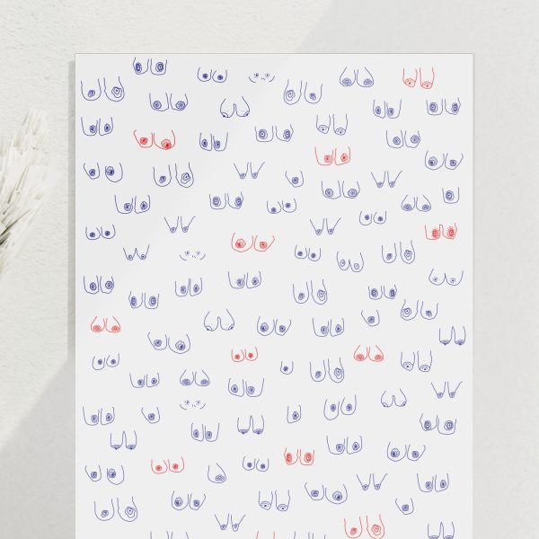 Weißer Hintergrund, rote und blaue stark abstrahierte Brustkonturen flächendeckend auf dem Format angeordnet. feministisches Motiv, alle Brüste are beautiful