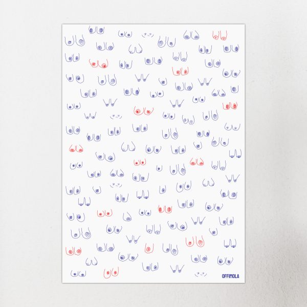 Weißer Hintergrund, rote und blaue stark abstrahierte Brustkonturen flächendeckend auf dem Format angeordnet. feministisches Motiv, alle Brüste are beautiful