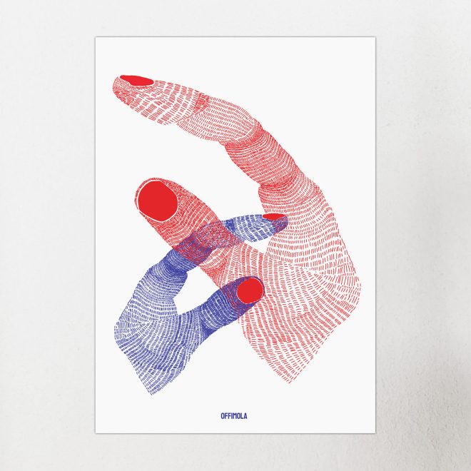Eine blau gestrichelte und eine rot gestrichelte Hand mit lackierten Fingernägeln sind leicht übereinander angeordnet. Hintergrund weiß. Stil: Line-Art.