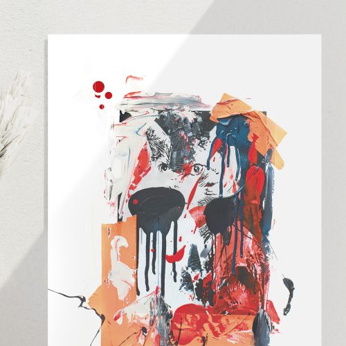 nahaufnahme des Kunstdrucks von paul mango, welcher eine übermalte Katze in kräftigen neon orange und rot-tönen zeigt. Dunkle Akzente geben dem Bild die nätige tiefe.