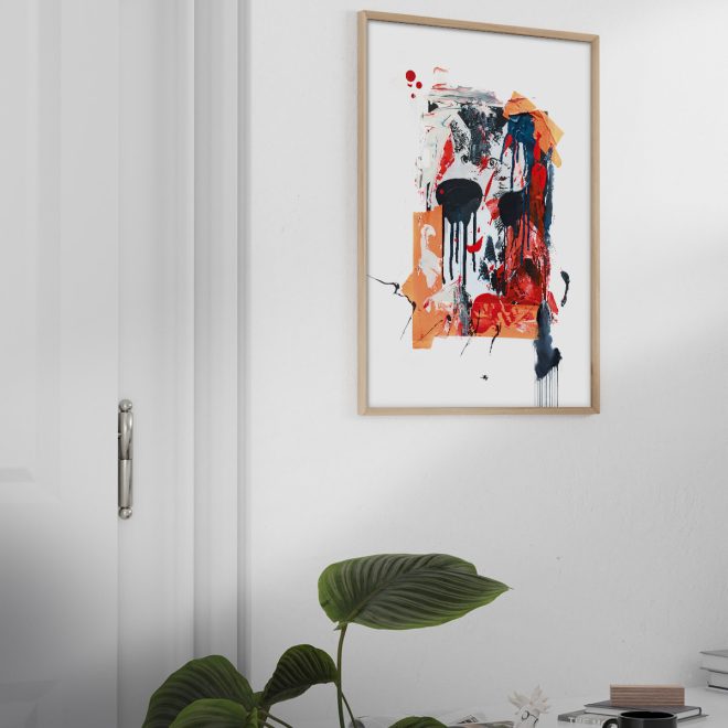 gerahmter Kunstdruck in kräftigen neon orange und rot-tönen, der von schwarzen akzenten durchbrochen wird.