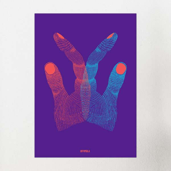 Symmetrischangeordnete Hände im line-art Stil. Hintergrund ist Lila, rechte hand ist cyan und linke hand orangerot.