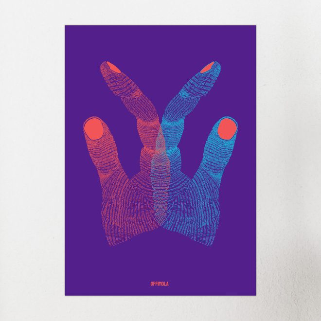 Symmetrischangeordnete Hände im line-art Stil. Hintergrund ist Lila, rechte hand ist cyan und linke hand orangerot.