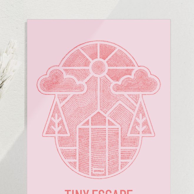 TinyEscape Logo bestehend aus lauter kleinen roten Strichen auf rosa hintergrund