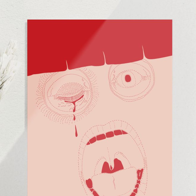 minimalistische illustration eines gesichtes, linkes auge blutet, der mund ist weit geöffnet