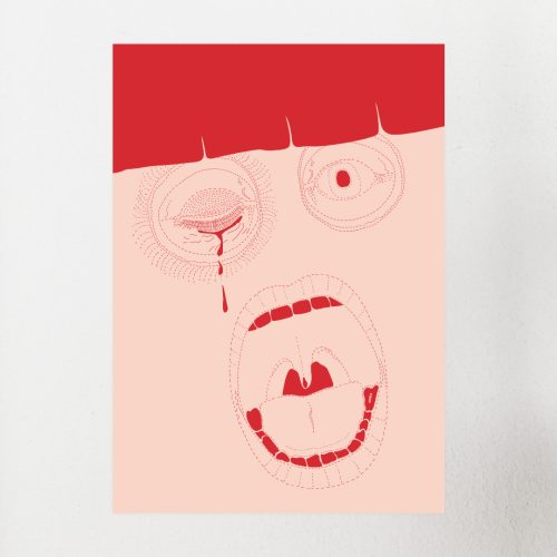 illustration eines gesichtes mit stricherln in rot/lachsfarben