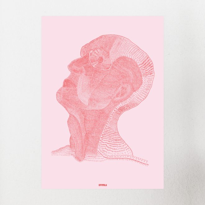 ein aus feinen linien sich zusammensetzender abstrahierter kopf, rosa hintergrund, rote striche, line art