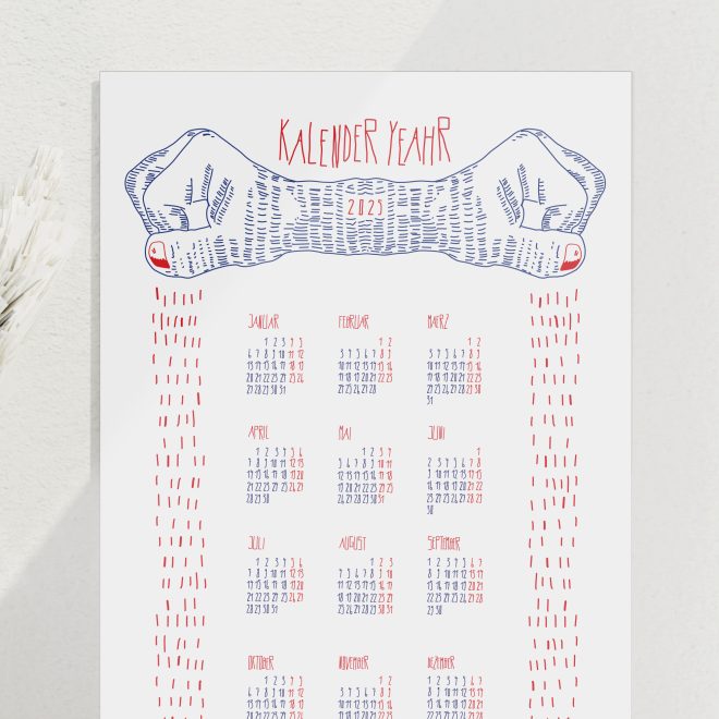 Jahreskalender für 2025 mit Monatsansicht und gestrichelten digital gezeichneten Fäusten aus denen striche regnen. Rot lackierte Fingernägel. Weißer Hintergrund.