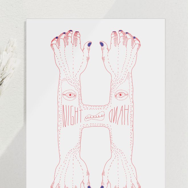 4 hände die eine grimmige gestalt bilden, rot blau gestrichelt mit augen
